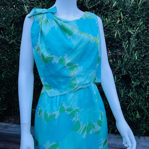 Vintage Blue Green Dress With Shoulder Bow - Picture 11 of 11